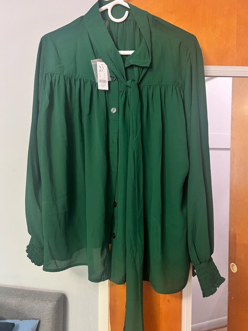 New York & Company Dark Green Tie-Neck Blouse